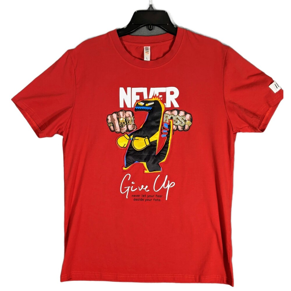 Fifth Loop Men's Large Red Graphic T-Shirt Never Give Up Boxing Dinosaur Tee